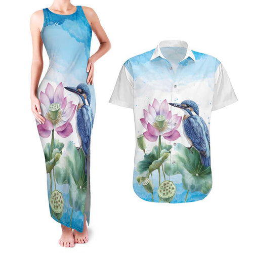 Australia Azure Kingfisher Couples Matching Tank Maxi Dress and Hawaiian Shirt Ceyx Azureus Sacred Lotus Watercolor - Aussie Hoodie