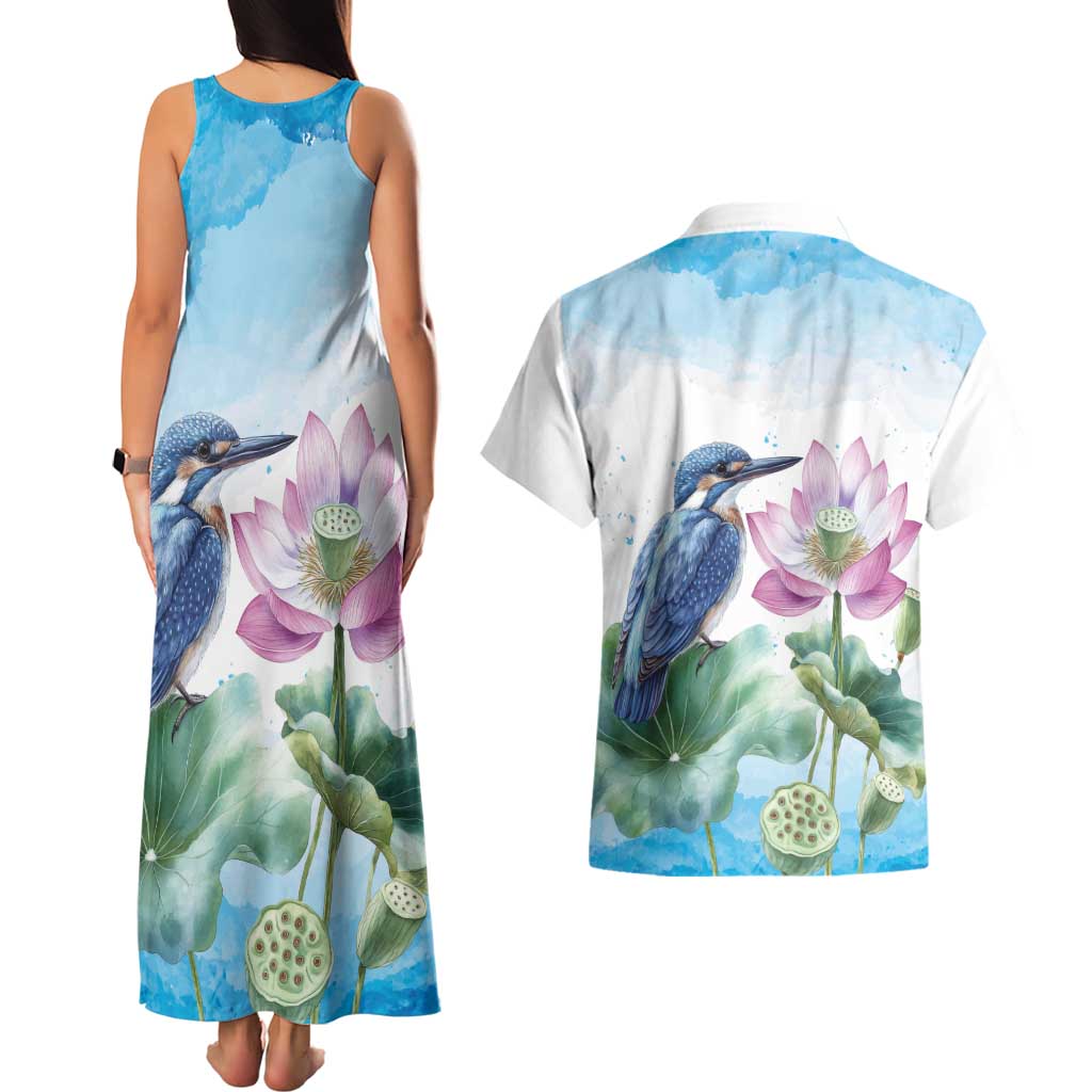 Australia Azure Kingfisher Couples Matching Tank Maxi Dress and Hawaiian Shirt Ceyx Azureus Sacred Lotus Watercolor - Aussie Hoodie