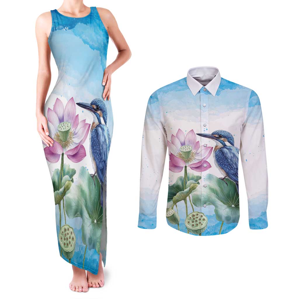 Australia Azure Kingfisher Couples Matching Tank Maxi Dress and Long Sleeve Button Shirt Ceyx Azureus Sacred Lotus Watercolor - Aussie Hoodie