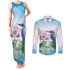Australia Azure Kingfisher Couples Matching Tank Maxi Dress and Long Sleeve Button Shirt Ceyx Azureus Sacred Lotus Watercolor - Aussie Hoodie