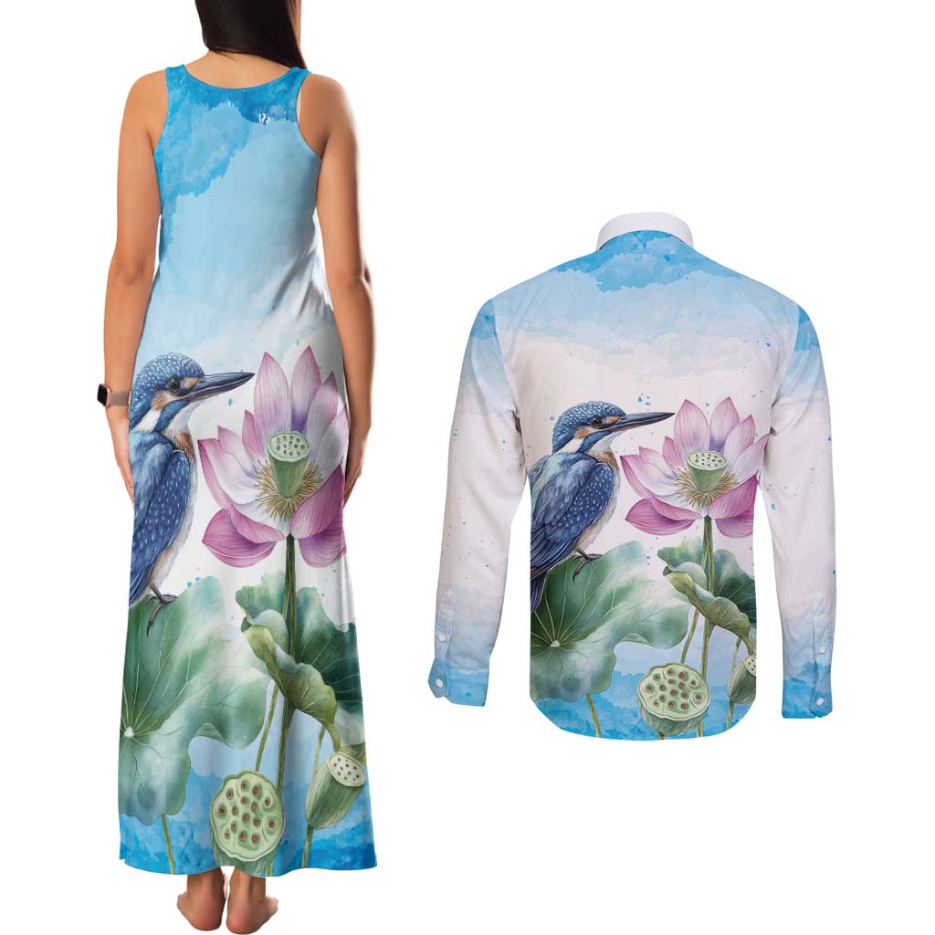 Australia Azure Kingfisher Couples Matching Tank Maxi Dress and Long Sleeve Button Shirt Ceyx Azureus Sacred Lotus Watercolor - Aussie Hoodie