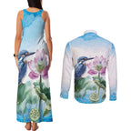 Australia Azure Kingfisher Couples Matching Tank Maxi Dress and Long Sleeve Button Shirt Ceyx Azureus Sacred Lotus Watercolor - Aussie Hoodie