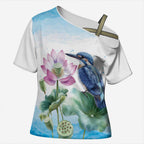 Australia Azure Kingfisher Cross Shoulder Shirt Ceyx Azureus Sacred Lotus Watercolor - Aussie Hoodie