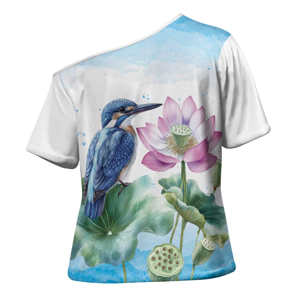 Australia Azure Kingfisher Cross Shoulder Shirt Ceyx Azureus Sacred Lotus Watercolor - Aussie Hoodie