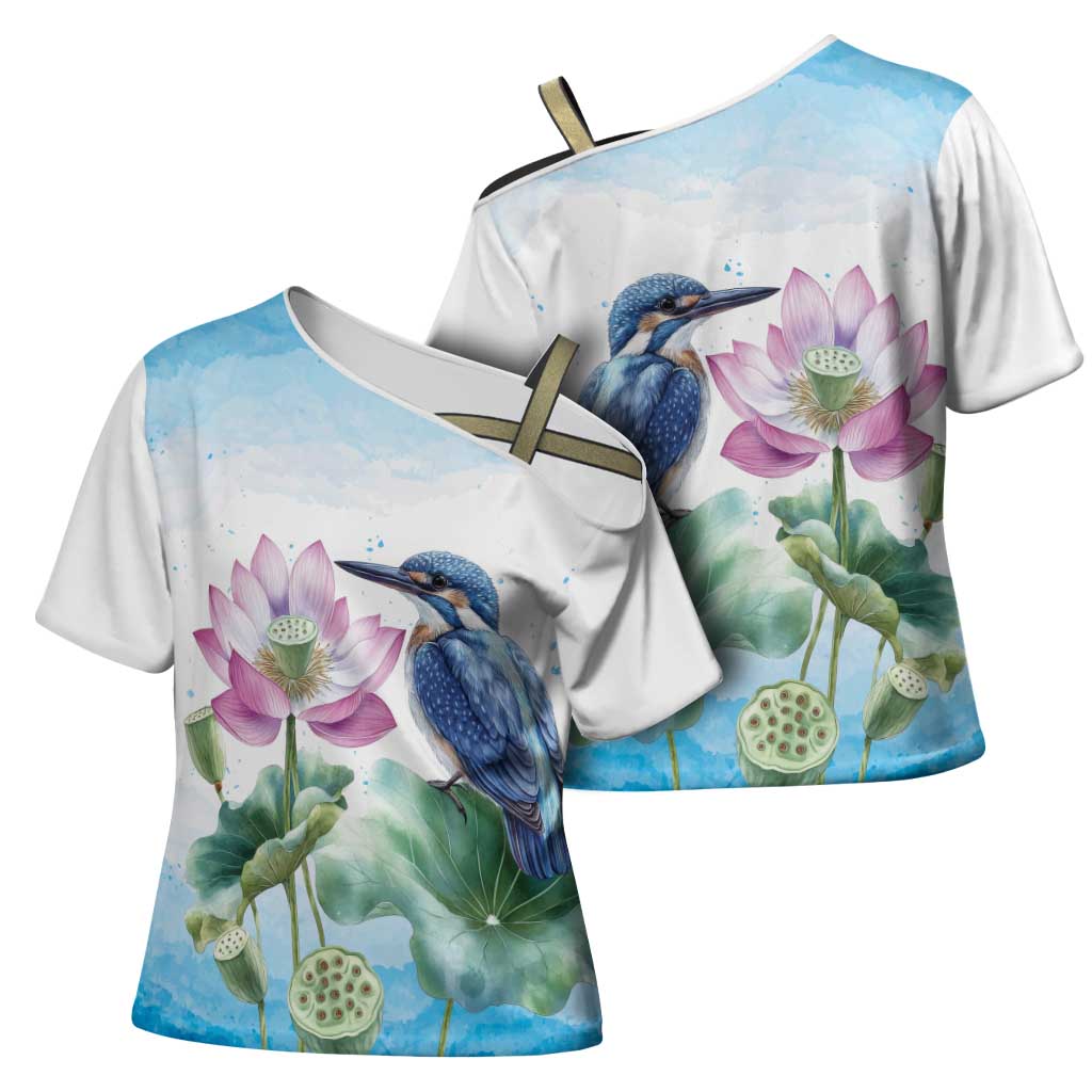 Australia Azure Kingfisher Cross Shoulder Shirt Ceyx Azureus Sacred Lotus Watercolor - Aussie Hoodie