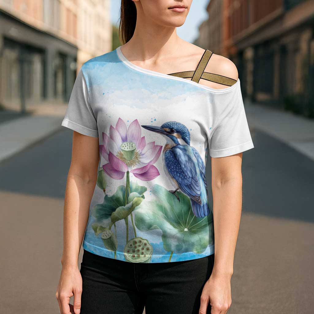 Australia Azure Kingfisher Cross Shoulder Shirt Ceyx Azureus Sacred Lotus Watercolor - Aussie Hoodie