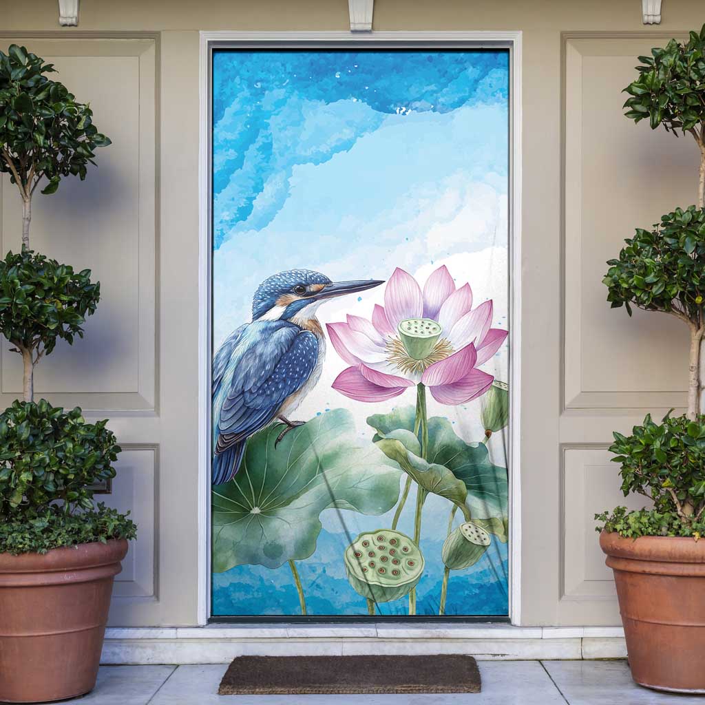 Australia Azure Kingfisher Door Cover Ceyx Azureus Sacred Lotus Watercolor - Aussie Hoodie