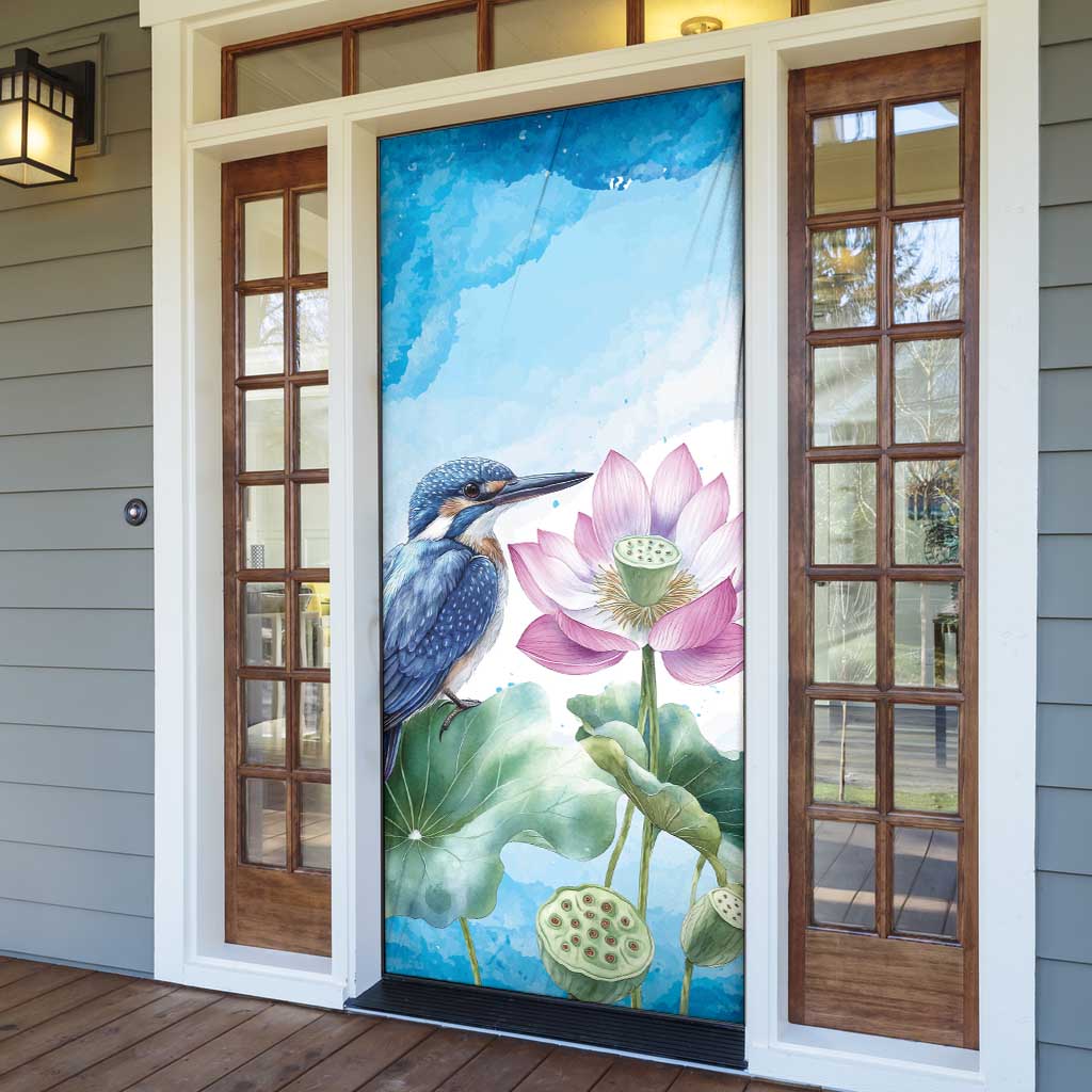 Australia Azure Kingfisher Door Cover Ceyx Azureus Sacred Lotus Watercolor - Aussie Hoodie