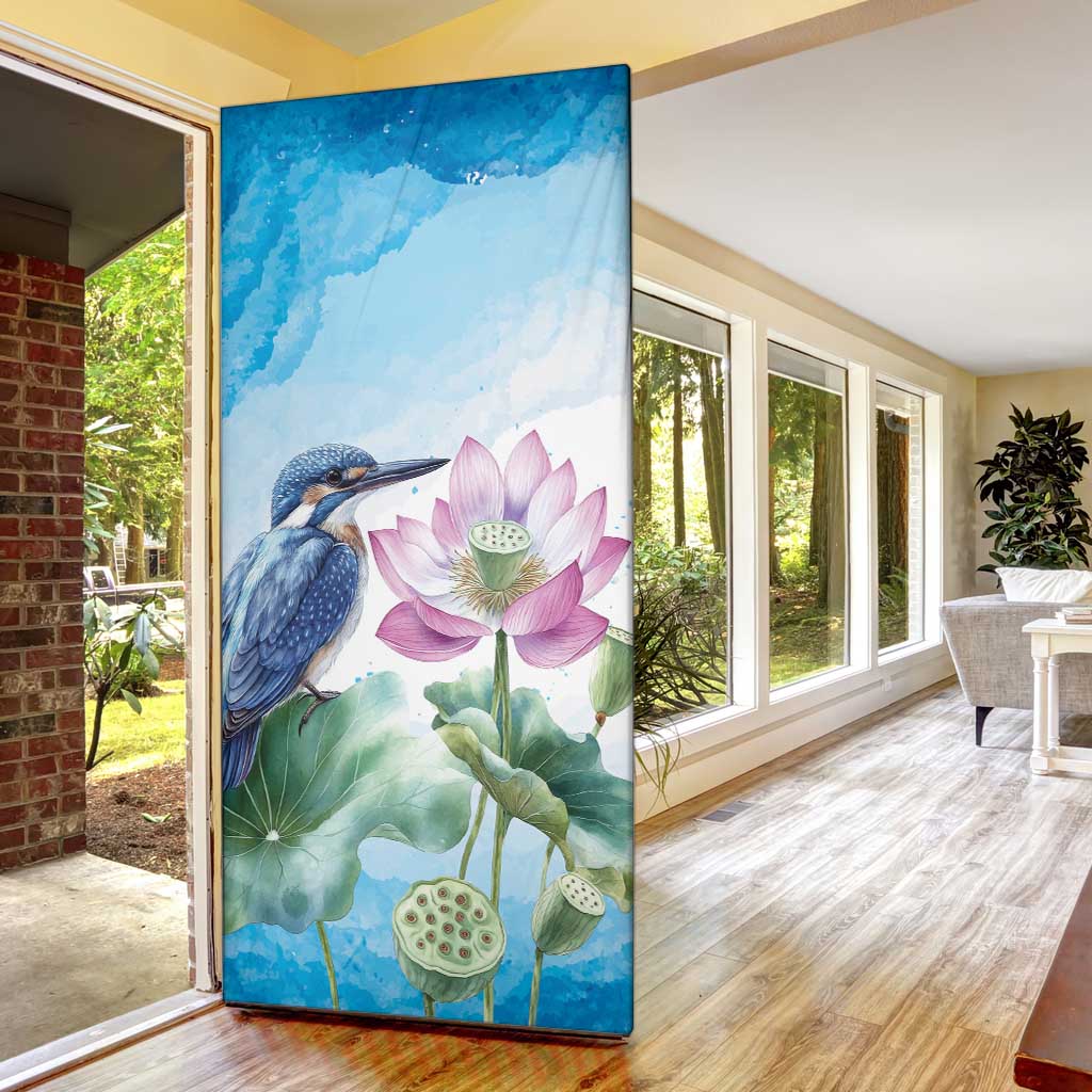 Australia Azure Kingfisher Door Cover Ceyx Azureus Sacred Lotus Watercolor - Aussie Hoodie