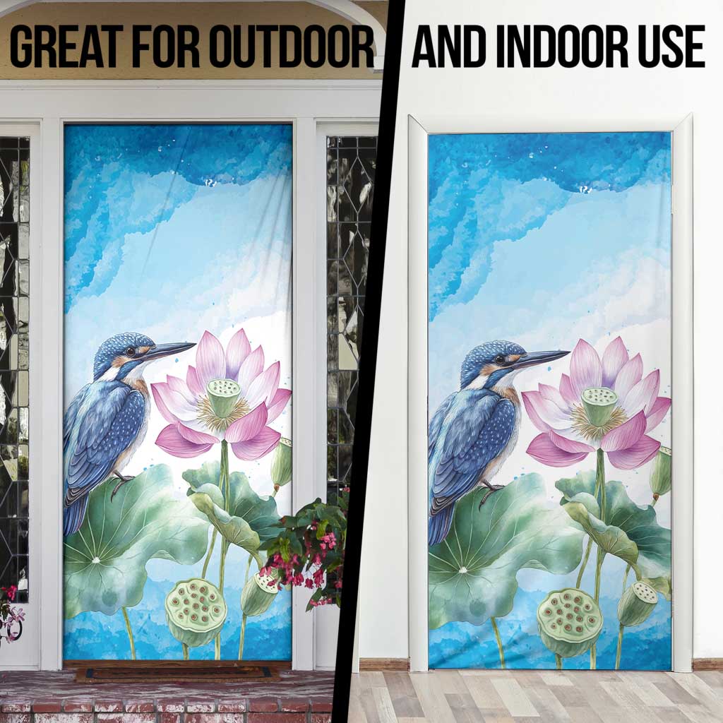 Australia Azure Kingfisher Door Cover Ceyx Azureus Sacred Lotus Watercolor - Aussie Hoodie