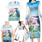 Australia Azure Kingfisher Family Matching Long Sleeve Bodycon Dress and Hawaiian Shirt Ceyx Azureus Sacred Lotus Watercolor - Aussie Hoodie