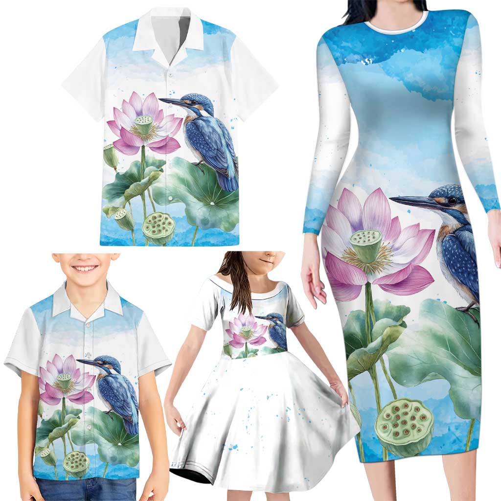 Australia Azure Kingfisher Family Matching Long Sleeve Bodycon Dress and Hawaiian Shirt Ceyx Azureus Sacred Lotus Watercolor - Aussie Hoodie