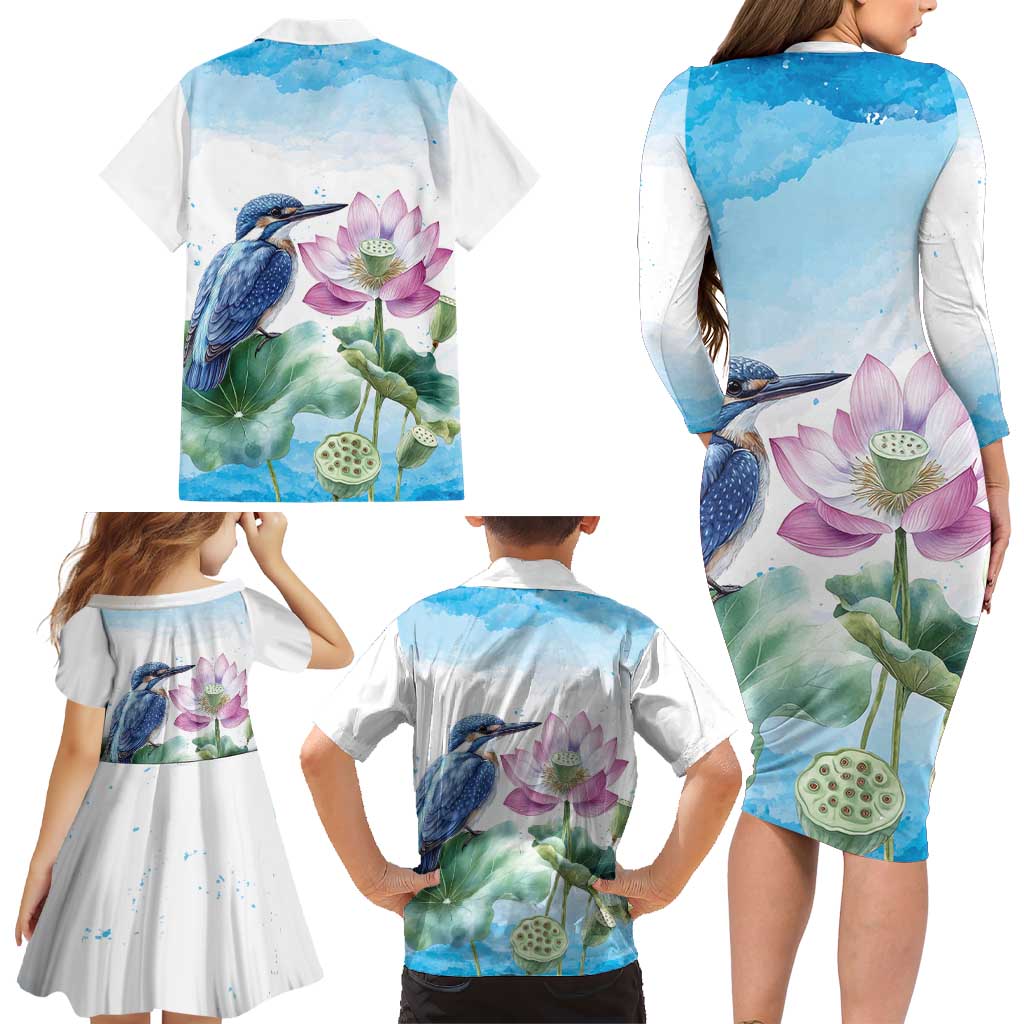 Australia Azure Kingfisher Family Matching Long Sleeve Bodycon Dress and Hawaiian Shirt Ceyx Azureus Sacred Lotus Watercolor - Aussie Hoodie
