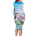 Australia Azure Kingfisher Family Matching Long Sleeve Bodycon Dress and Hawaiian Shirt Ceyx Azureus Sacred Lotus Watercolor - Aussie Hoodie