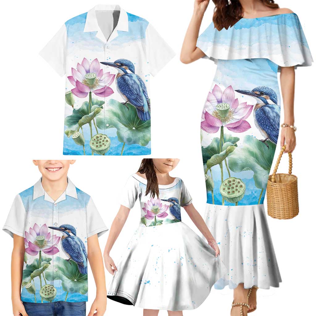 Australia Azure Kingfisher Family Matching Mermaid Dress and Hawaiian Shirt Ceyx Azureus Sacred Lotus Watercolor - Aussie Hoodie