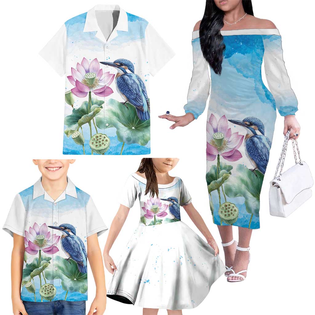 Australia Azure Kingfisher Family Matching Off The Shoulder Long Sleeve Dress and Hawaiian Shirt Ceyx Azureus Sacred Lotus Watercolor - Aussie Hoodie