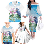 Australia Azure Kingfisher Family Matching Off The Shoulder Long Sleeve Dress and Hawaiian Shirt Ceyx Azureus Sacred Lotus Watercolor - Aussie Hoodie