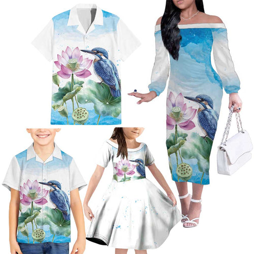 Australia Azure Kingfisher Family Matching Off The Shoulder Long Sleeve Dress and Hawaiian Shirt Ceyx Azureus Sacred Lotus Watercolor - Aussie Hoodie