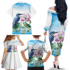 Australia Azure Kingfisher Family Matching Off The Shoulder Long Sleeve Dress and Hawaiian Shirt Ceyx Azureus Sacred Lotus Watercolor - Aussie Hoodie