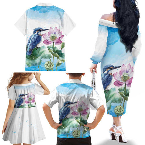 Australia Azure Kingfisher Family Matching Off The Shoulder Long Sleeve Dress and Hawaiian Shirt Ceyx Azureus Sacred Lotus Watercolor - Aussie Hoodie
