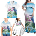 Australia Azure Kingfisher Family Matching Off Shoulder Maxi Dress and Hawaiian Shirt Ceyx Azureus Sacred Lotus Watercolor - Aussie Hoodie