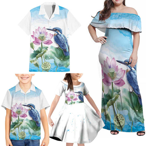 Australia Azure Kingfisher Family Matching Off Shoulder Maxi Dress and Hawaiian Shirt Ceyx Azureus Sacred Lotus Watercolor - Aussie Hoodie