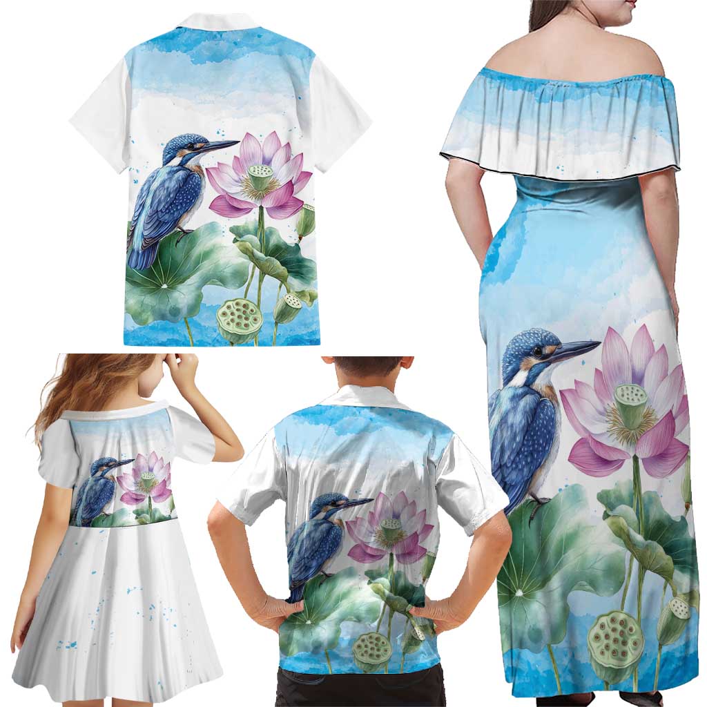 Australia Azure Kingfisher Family Matching Off Shoulder Maxi Dress and Hawaiian Shirt Ceyx Azureus Sacred Lotus Watercolor - Aussie Hoodie