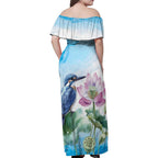 Australia Azure Kingfisher Family Matching Off Shoulder Maxi Dress and Hawaiian Shirt Ceyx Azureus Sacred Lotus Watercolor - Aussie Hoodie