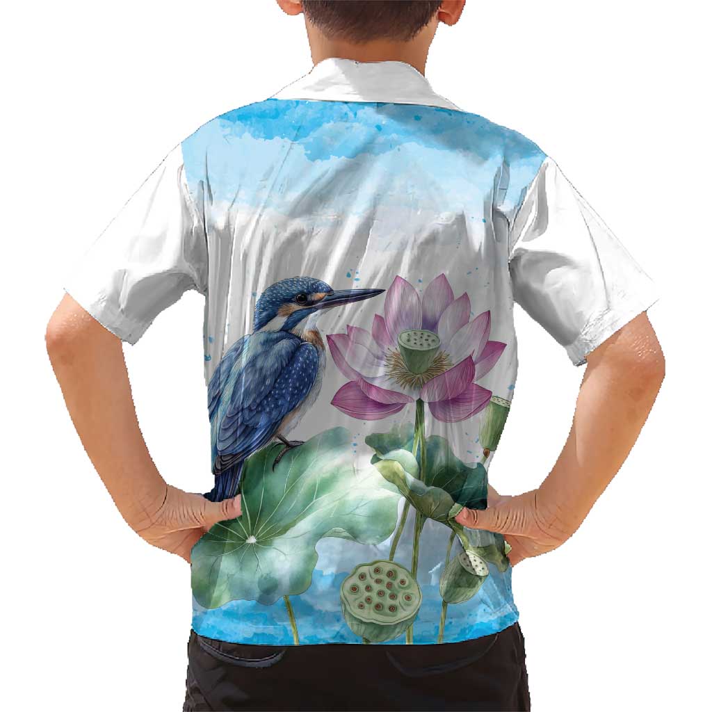 Australia Azure Kingfisher Family Matching Off Shoulder Short Dress and Hawaiian Shirt Ceyx Azureus Sacred Lotus Watercolor - Aussie Hoodie