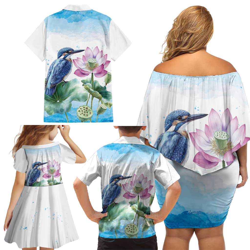 Australia Azure Kingfisher Family Matching Off Shoulder Short Dress and Hawaiian Shirt Ceyx Azureus Sacred Lotus Watercolor - Aussie Hoodie