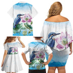 Australia Azure Kingfisher Family Matching Off Shoulder Short Dress and Hawaiian Shirt Ceyx Azureus Sacred Lotus Watercolor - Aussie Hoodie
