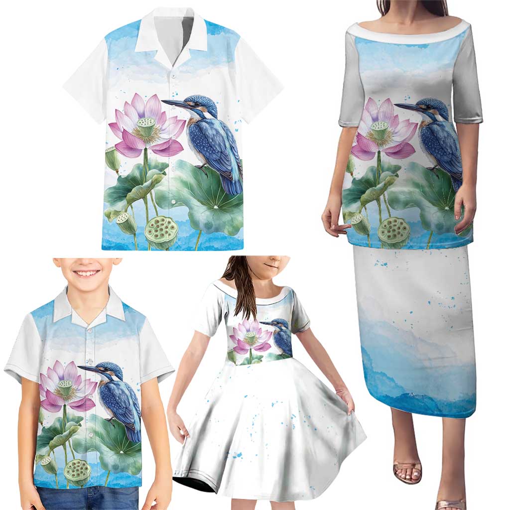 Australia Azure Kingfisher Family Matching Puletasi and Hawaiian Shirt Ceyx Azureus Sacred Lotus Watercolor - Aussie Hoodie