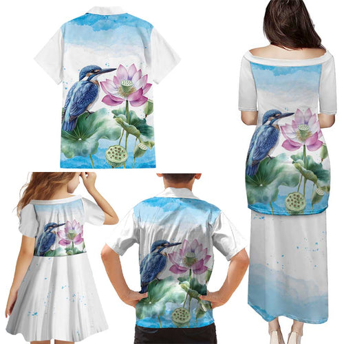 Australia Azure Kingfisher Family Matching Puletasi and Hawaiian Shirt Ceyx Azureus Sacred Lotus Watercolor - Aussie Hoodie