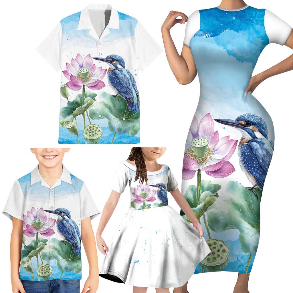 Australia Azure Kingfisher Family Matching Short Sleeve Bodycon Dress and Hawaiian Shirt Ceyx Azureus Sacred Lotus Watercolor - Aussie Hoodie