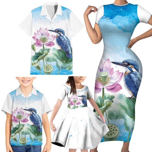 Australia Azure Kingfisher Family Matching Short Sleeve Bodycon Dress and Hawaiian Shirt Ceyx Azureus Sacred Lotus Watercolor - Aussie Hoodie
