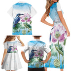 Australia Azure Kingfisher Family Matching Short Sleeve Bodycon Dress and Hawaiian Shirt Ceyx Azureus Sacred Lotus Watercolor - Aussie Hoodie