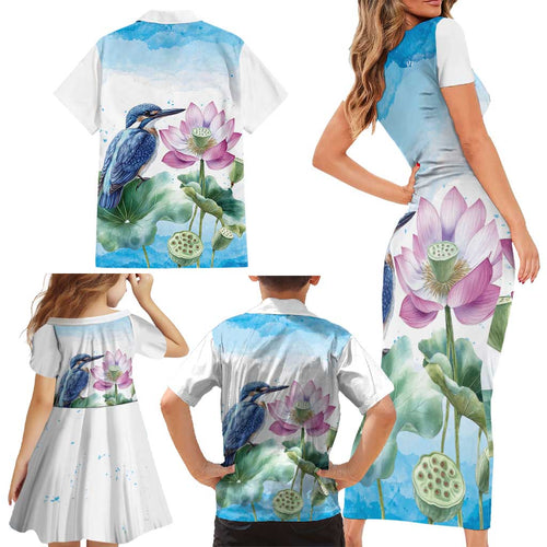 Australia Azure Kingfisher Family Matching Short Sleeve Bodycon Dress and Hawaiian Shirt Ceyx Azureus Sacred Lotus Watercolor - Aussie Hoodie
