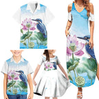 Australia Azure Kingfisher Family Matching Summer Maxi Dress and Hawaiian Shirt Ceyx Azureus Sacred Lotus Watercolor - Aussie Hoodie