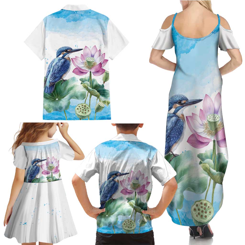 Australia Azure Kingfisher Family Matching Summer Maxi Dress and Hawaiian Shirt Ceyx Azureus Sacred Lotus Watercolor - Aussie Hoodie