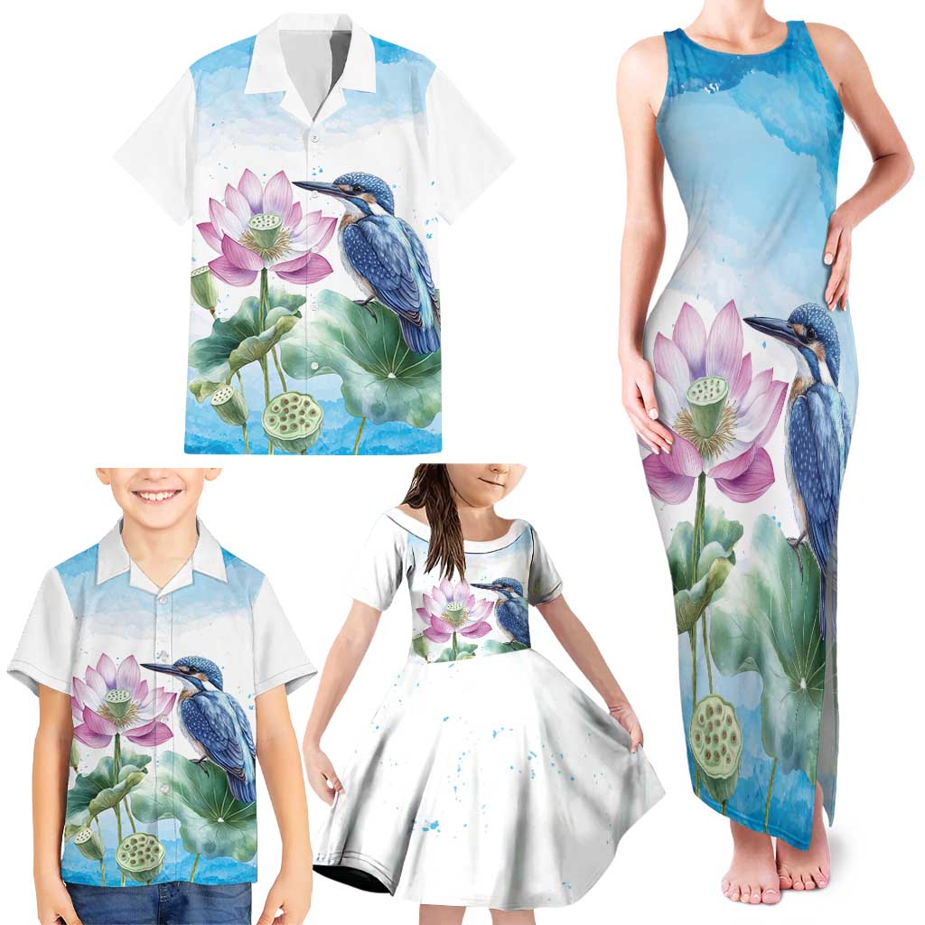 Australia Azure Kingfisher Family Matching Tank Maxi Dress and Hawaiian Shirt Ceyx Azureus Sacred Lotus Watercolor - Aussie Hoodie