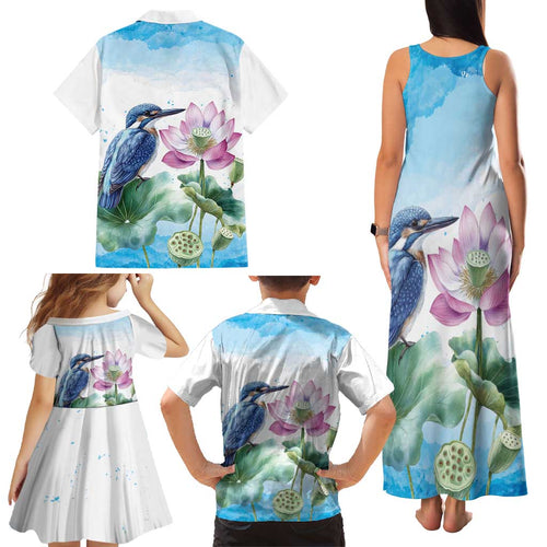 Australia Azure Kingfisher Family Matching Tank Maxi Dress and Hawaiian Shirt Ceyx Azureus Sacred Lotus Watercolor - Aussie Hoodie