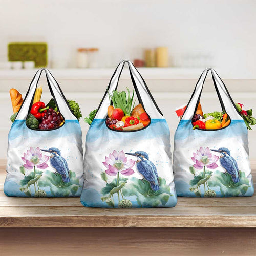 Australia Azure Kingfisher Grocery Bag Ceyx Azureus Sacred Lotus Watercolor - Aussie Hoodie