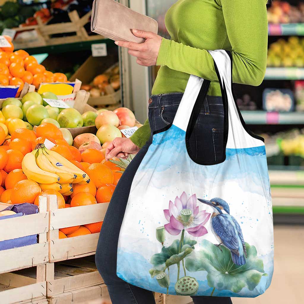 Australia Azure Kingfisher Grocery Bag Ceyx Azureus Sacred Lotus Watercolor - Aussie Hoodie