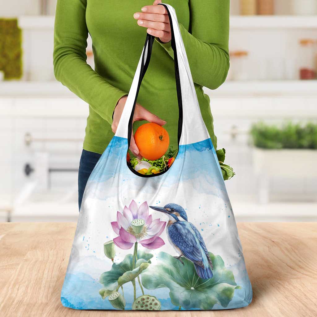 Australia Azure Kingfisher Grocery Bag Ceyx Azureus Sacred Lotus Watercolor - Aussie Hoodie