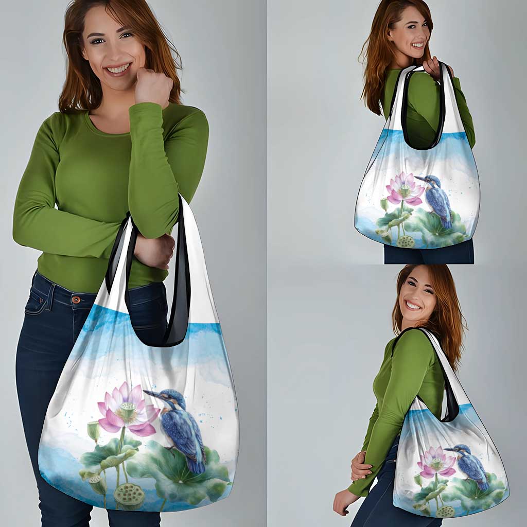 Australia Azure Kingfisher Grocery Bag Ceyx Azureus Sacred Lotus Watercolor - Aussie Hoodie