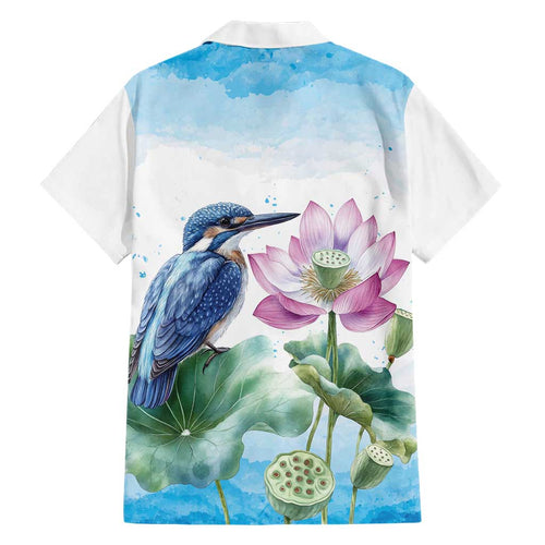Australia Azure Kingfisher Hawaiian Shirt Ceyx Azureus Sacred Lotus Watercolor - Aussie Hoodie
