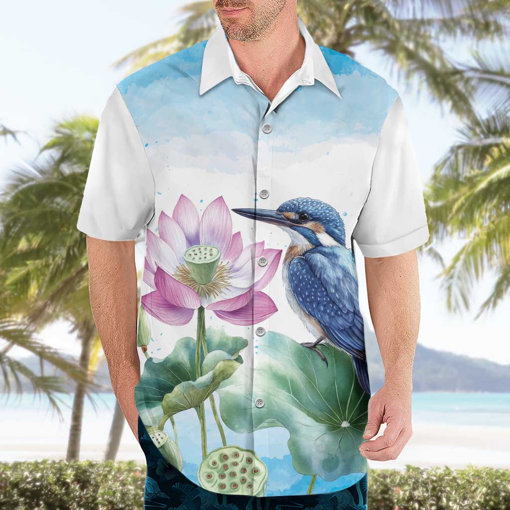 Australia Azure Kingfisher Hawaiian Shirt Ceyx Azureus Sacred Lotus Watercolor - Aussie Hoodie