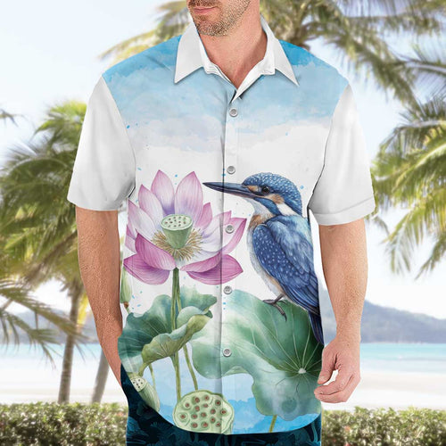 Australia Azure Kingfisher Hawaiian Shirt Ceyx Azureus Sacred Lotus Watercolor - Aussie Hoodie