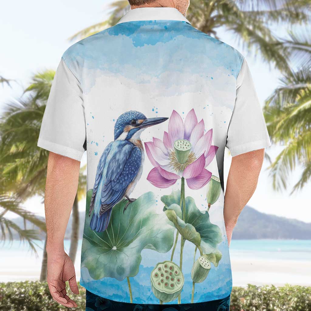 Australia Azure Kingfisher Hawaiian Shirt Ceyx Azureus Sacred Lotus Watercolor - Aussie Hoodie