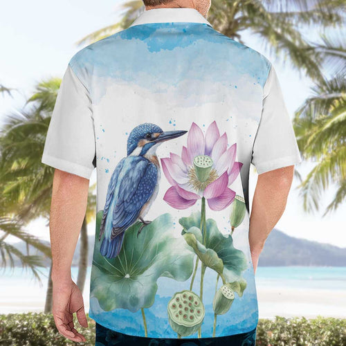 Australia Azure Kingfisher Hawaiian Shirt Ceyx Azureus Sacred Lotus Watercolor - Aussie Hoodie
